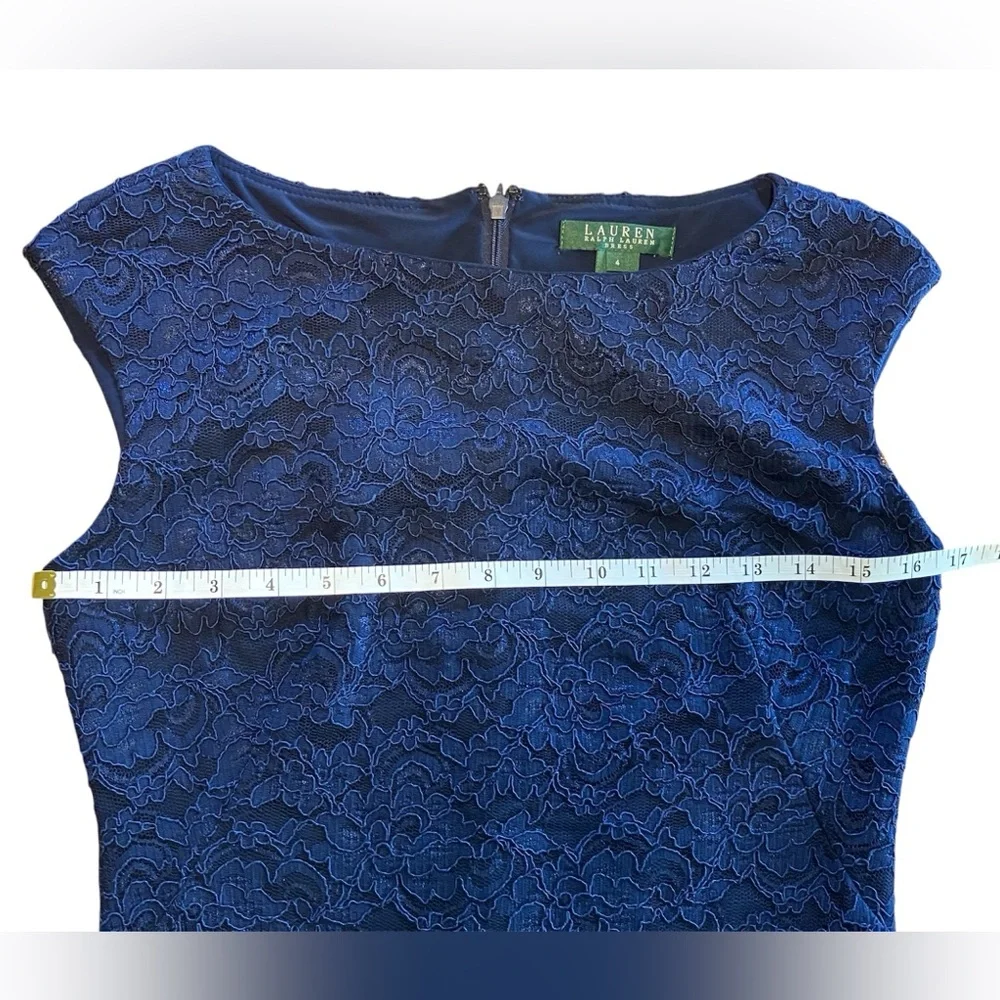 EUC LAUREN RALPH LAUREN Navy Lace Overlay Cap Sleeve Midi Sheath Dress Size 4 - Picture 11 of 14